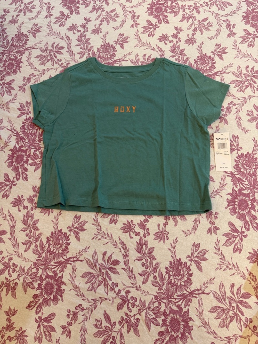 NWT Roxy Teal cotton Short Sleeve Logo Crop Tee XS